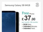 Galaxy s8 - Three -unlimited Text/mins - 30gb Data - £37/month