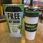 subway mug £1.00 free hot drink with a sub for 1 year