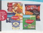 £5.00 frozen meal deal at the Co-op. Birds eye 100% Crispy Fish fingers 224g, Mackie’s traditional Luxury Dairy Ice cream 1L, Birds eye 2 battered fish fillets, 200g, Birds eye garden peas 400g, Aunt Bessie’s home style straight cut chips 900g
