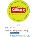 Carmex CLASSIC Moisturising Lip Balm For Dry And Chapped Lips 7.5g at Amazon add on so you need to have &pound;20 qualifying spend
