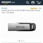 SanDisk Ultra Flair 16 GB 150 MB/s Read USB 3.0 Flash Drive - Grey, Black &pound;3.83 (Prime)