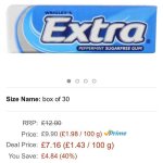Wrigleys Extra Peppermint Sugarfree Chewing Gum Tray (Pack of 30 x 10 Pellets) Lightning deal