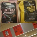 Aldi hand cooked crisps, 150g (Gourmet Confit Duck & Boozy Berry flavour; Black Truffle flavour; Port & Stilton flavour) instore