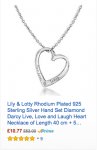 Lily & Lotty Rhodium Plated 925 Sterling Silver Hand Set Diamond Darcy Live, Love and Laugh Heart Necklace of Length 40 cm + 5 cm