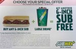 Buy any 6-inch sub + large drink, get another 6-inch sub free £3.50 @ Subway