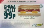 Subway - 6-inch Poached Egg Mega Melt (Bacon/turkey rashers, sausage, cheese and poached egg) - Starts 15th Feb