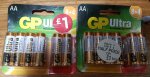 GP ULTRA AA batteries 12 for £1:24 for £1.50 intsore WHSMITH: seen in Slough