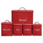 5 Piece Kitchen Storage Set Biscuits Tea Coffee Sugar Bread Bin, In Red or Cream