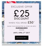 £25.00 off with a £50 spend at Guess online store or (using code GUESSMAILER25)
