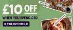 £10 off a £30+ spend on food and drink, every day until Fri 26 May