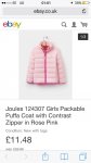 Joules 124307 Girls Packable Puffa Coat with Contrast Zipper in Rose Pink £11.48 Joules on eBay