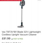 Vax blade cordless 32v refurbished with 1 year guarantee 81.99 delivered on eBay