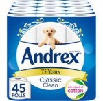 Andrex Classic Clean Toilet Roll Tissue Paper - Pack of 45 Rolls S&S
