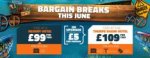 Bargain breaks in June eg 1 night stay for 2 with 2 days park entry £99 or pay £5pp extra and stay in Shark Hotel with fastrack, breakfast, parking & wifi @ Thorpe Park