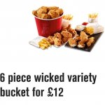 KFC Wicked Variety Bucket 6pcs, 8 hot wings,4 chicken breast fillets and 4 fries for £12.00 (via Colonels Club app)