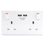 White 2 gang switched socket with 2x USB ports 2.1A C&C