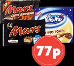 Milkyway Crispy Rolls 5pk / Snickers Bar 4pk / Mars Bar 4pk/ Mars Brownie 4pk / Twix Twin Snacksize 4pk