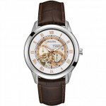Bulova Men's Designer Automatic Self Winding Watch Leather Strap - White Rose Gold Dial 96A172