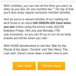 £30 Gift Card with Odeon limitless £17.99 a month for 12 months
