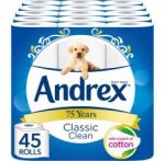 Andrex Classic Clean Toilet Roll Tissue Paper - Pack of 45 Rolls Subscribe & Save
