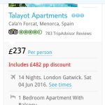 2 weeks Menorca from Gatwick, 4.5 rated trip advisor hotel £237ppfor 2 adults 4th June