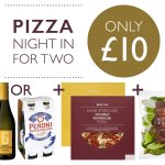 2 pizzas, 1 salad and a bottle of Prosecco or a 4 pack of Peroni £10.00 @ Booths