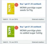 FREEBIE with 90p Profit: 3x Moma Porridge Plain (5x65g) / Super Seeds (5x70g) via Checkoutsmart, Clicksnap & Shopitize Apps. £2.45 @ Sainsbury’s: 