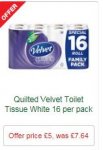QUILTED Velvet 3 Ply Toilet Tissue 16 Roll Pack