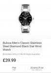Bulova Men's Classic Stainless Steel Diamond Black Dial Wrist Watch Argos Ebay. on over &pound;50 spend