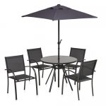 Stacking Textilene Patio Set 4 Seats, Table & Parasol
