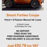Smart Fortwo Coupe 1.0 Passion 2dr Personal contract hire, Annual mileage: 10000, only £92.76 pm, 10k mileage (£350 process fee) £2,585.04