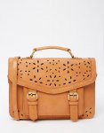 ASOS Ladies 100% GENUINE LEATHER Satchel With Flower Cut Out Detail - Tan