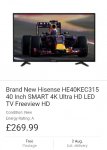 Brand New Hisense HE40KEC315 40 Inch SMART 4K Ultra HD LED TV Freeview HD