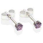Sterling Silver Amethyst Cubic Zirconia Stud Earrings - 3mm